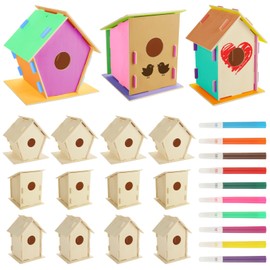 Oungy 12 PCS Wooden Birdhouses Unfinished Wood Bird Houses Kits DIY Wooden Bird Houses Kits with Colorful Painting Pens Bird Houses to Paint for Craft Activity Creative DIY Art Project