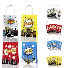 12x Superhero Party Supplies Birthday Decoration Paper Bag Kids Lolly Bag Favour Box Kraft Treat Box Gift Box Gable Box Gift Bag Themed Party Bag