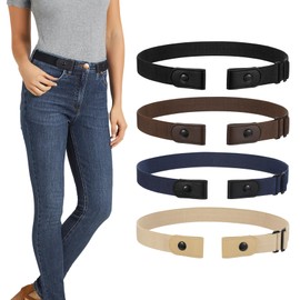 LEACOOLKEY 4 Pack No Buckle Invisible Stretch Belt Buckle-Free Elastic Belt for Women and Men,Black+Coffee+Blue+Khaki,Suit for waist size 23"-33"