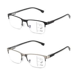 Multifocus Reading Glasses Men Progressive Multifocal Blue Light Computer Reader Half Frame Metal Extra Wide Eyeglasses No Line Bifocals Large Designer Cheaters Transition Square Eyewear 2packs 1.00