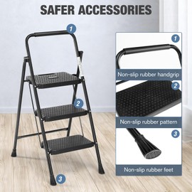 Sweetcrispy 3 Step Ladder, 800lbs Sturdy Portable Ladder, Folding Step Stool with Wide Anti-Slip Pedal, Cushioned Handle, Lightweight Step Stool for Home Kitchen and Outdoor