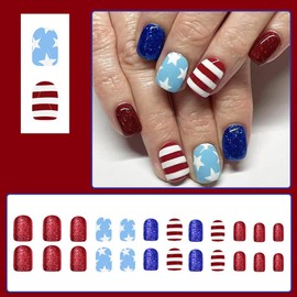 4th of July Press On Nails Extra Short Square,YEFIUO Fake Nails Press ons Nail Art Tips Acrylic Nail Kit Glue on Nails Full Cover False Nail with Red Blue Glitter Glossy Stripe Design for Ma'am 24 Pcs