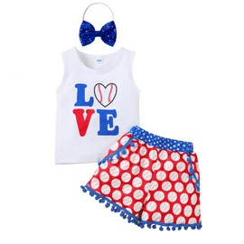 LYSMuch Conjunto de ropa de verano con estampado de béisbol, playera con borlas, pantalones cortos para bebés y niñas, Conjunto de ropa rojo, blanco y azul, 18-24 Meses