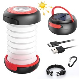 GlobaLink LED Camping Lamp, Foldable Solar Camping Lantern, Energy Bank with 2 Charging Methods (Solar/USB C) and 3 Light Modes for Camping, Fishing, Emergency, Includes Survival Bracelet with Whistle (Red)