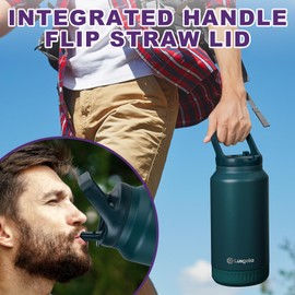 Luxgola 64 oz Insulated Water Bottle, Half Gallon Stainless Steel Vacuum Tumbler with Flip Straw Lid and Top Handle - Keeps Drinks Cold/Hot, Wide Mouth, Leak Proof, BPA-free, Non-slip Base (Grey)