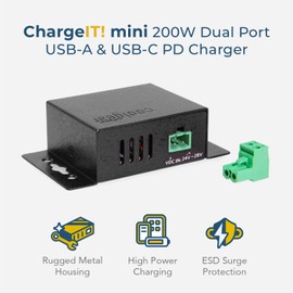 Coolgear ChargeIt! Mini 200W Type-C PD Charger - Dual 100W Ports, Fast Charging, Screw Lock Compatible