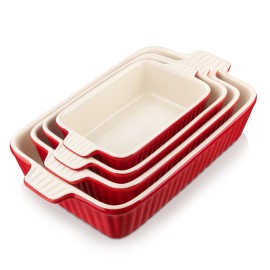 MALACASA Porcelain Baking Dish Set of 4 Bakeware Set Rectangular/Ov - Red - Rectangular