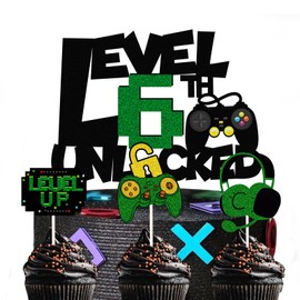 Juego de 4 adornos para tartas de cumpleaños con purpurina de nivel 6 desbloqueado, con temática de videojuegos, juego para magdalenas de sexto cumpleaños para niños, nivel 6, decoración de fiesta para juegos en nivel