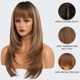 EssionTech Ombre Light Brown Wig With Bangs Long Wavy Straight Wig with Layered Hair Synthetic Heat Resistant Wigs for Women Daily Party Use 26 Inches