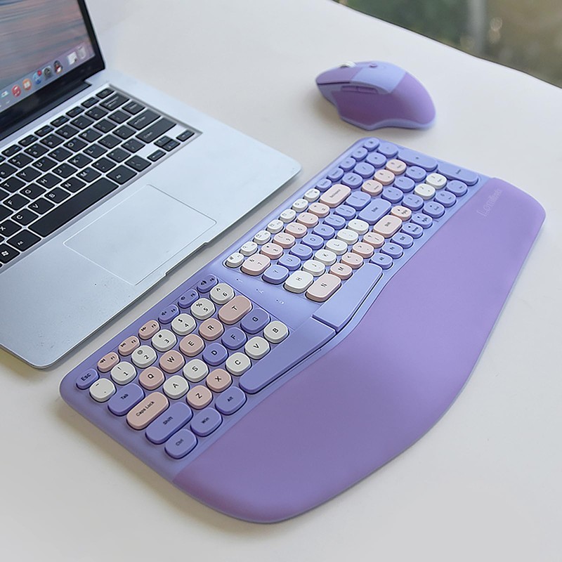 Wireless Ergonomic Keyboard and Mouse Combo with PU Wrist Rest,