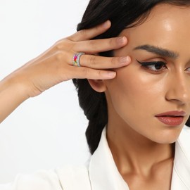 18K White Gold Plated Engagement Promise Wedding Eternity Ring for Women, Sparkling Colorful Cubic Zirconia Rings Size 7