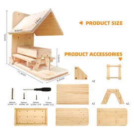 Sharmila Squirrel Feeders for Outside - Wooden Picnic Table Feeder for Squirrels and Chipmunks with Weatherproof Roof, Spacious Platform & Corn Cob Holder