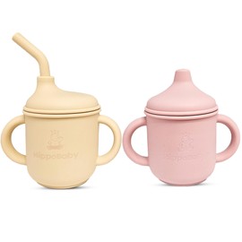 HippoBaby Silicone Transition Sippy Cup for 6+ month old | Includes 1 Toddler straw cup & 1 Baby Sippy Cup with Handles | Baby Sippy Cups | Perfect for Baby Led Weaning (Cream/Rose Quartz, 5 oz)