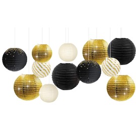 NICROLANDEE Black and Gold Party Decorations - 12Pcs Black Gold Metallic Foil Paper Lanterns Decorative for Birthday, Weddings, Baby Showers, Graduations, Garden Party, Anniversary Decorations