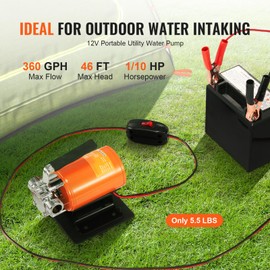 Happybuy 12V DC Water Transfer Pump, 360 GPH 1/10HP, Portable Electric Utility Pump with 6 ft Hose Kit, Impeller & Strainer for Garden, Pool, Pond, Aquarium, Rain Barrel, Hot Tub (Black)