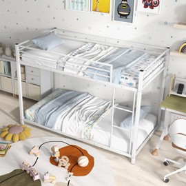 Giantex White Twin Over Twin Metal Bunk Beds, Heavy Duty Bed Frame with Safety Guard Rail & Ladder, Low Floor Bunk Bed for Boys Girls Adults Dormitory Bedroom, Noise Free, No Box Spring Needed