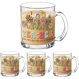 3 Pcs Teacher Appreciation Glass Cup Helping Grow Glass Mugs with Handles 12oz Floral Ice Coffee Cup Teacher Cups Teachers Week Gifts Graduation Gift Thank You Gift for Teacher(Colorful,Wildflowers)