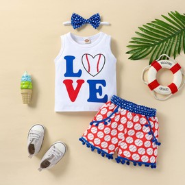 vivifayee Baby Infant Toddler Girl Baseball Outfit 4th of July Sleeveless T-Shirt Tops Tassel Shorts Set with Headband 3Pcs Summer Clothes Kids