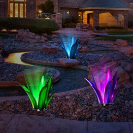 FLYVOLE Upgraded Large Metal Yard Art, Metal Agave Plant Yard Decorations Outdoor Sculpture, Metal Flowers for Outside, Waterproof Outdoor Garden Decor (Blue (W/Solar Light))