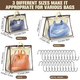 24 Pack Clear Handbag Storage Organizers with 25 Stainless Steel S Shape Hooks Beige Dust Cover Bags Damp Proof Purse Storage Bags with Zippers and Handles for Closet Hanging Storage, 3 Assorted Sizes
