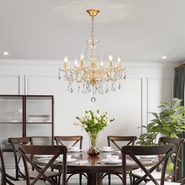 Crystal Chandelier Light Fixture, Modern K9 Crystal Chandeliers for Dining Room, 6-Lights Gold Ceiling Light, Adjustable Hanging Pendant Light Fixture for Living Room Entryway Kitchen Island Hallway