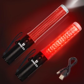 SIMAZO 2 Pack 12.5 Inch Rechargeable Traffic Signal Wand, Traffic Control Baton with White LED on Top, Air Marshalling Wand with 3 Flashing Modes for Airport, Car Directing