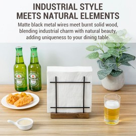 MyGift Napkin Holder for Table, Matte Black Metal Napkin Dispenser for Kitchen Dining with Rustic Burnt Brown Wood Base, Decorative Holders for Paper Mail Bills Home Decor