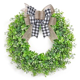 Betylifoy Boxwood Wreath for Front Door 20" Artificial Greenery Wreath with Plaid Bow Faux Eucalyptus Leaves Wreaths Green Outdoor Wreaths for All Seasons Indoor Window Wall Farmhouse Decor