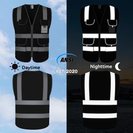 Uno Mejor High Visibility Safety Vest - 9 Pocket, Reflective Work Vest with Strips, ANSI Meets XG100, Black, 5X-Large