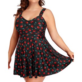 Aqua Eve Plus Size Two Piece Swimsuits for Women Tankini Bathing Suits Flowy Swim Dress with Shorts, Cherry, 22 Plus