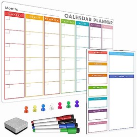 TMS A3 / A4 Multi-Coloured Magnetic Weekly Planner/Memo Board/Calendar – Whiteboard, Shopping List and Meal Planner - with 4 Magnetic Dry Wipe Pens and Eraser