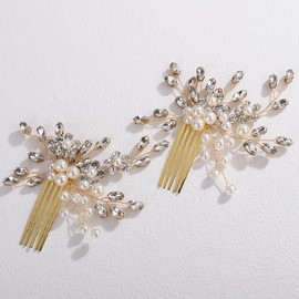 Lenjicons Sparkling Rhinestone Pearls Hair Comb Faux Pearls Handmade Hair Comb Teardrop Rhinestone HairPiece Rhinestones Wedding Hair Combs Gold Bridal Hair Accessories for Women(2pcs)