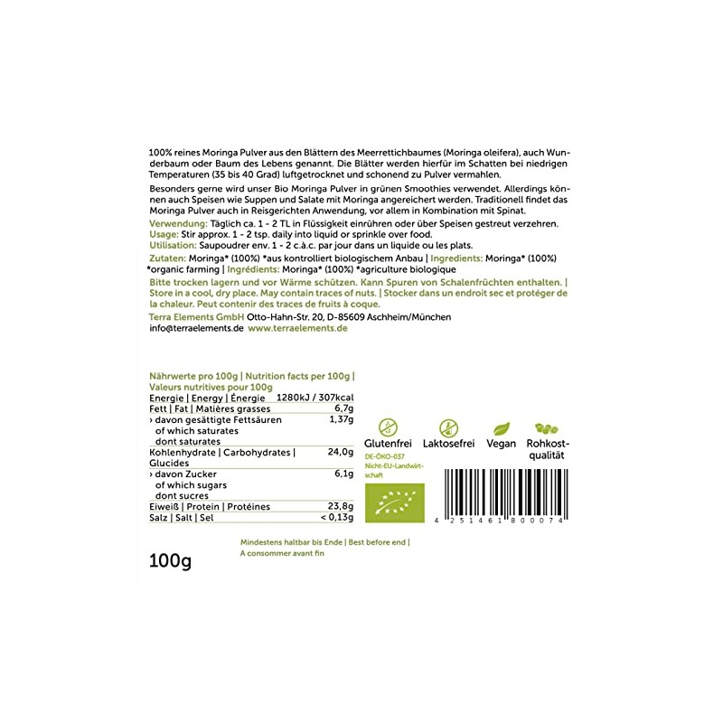Terra Elements Organic Moringa Powder, 100 g, Moringa Oleifera, Miracle