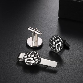 Flongo Viking Tie Clip Cufflinks for Men: Vintage Silver Compass Tie Pin Scandinavian Pirate Norwegian Jewellery Stainless Steel Totem Amulet Father's Day Man Gift