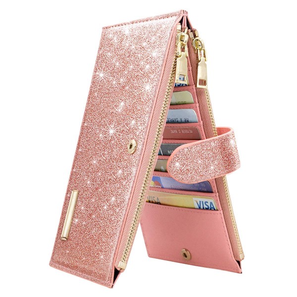 Womens RFID Blocking Pink Glitter Leather Multi Card Organizer Bifold