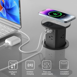 Aluminum Pop Up Outlet with 15W Wireless Charger, 4 AC Outlets & 2 PD 20W USB Fast Charging, 3.93" Desk Wire Hole Insert, Pop Up Countertop Outlet for Home Office Kitchen (Black)