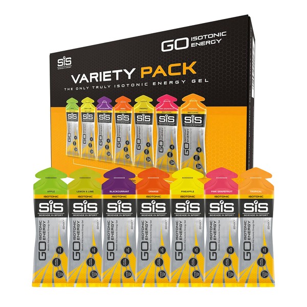 Science In Sport GO Isotonic Energy Gels, Running Gels with 22g Carbohydrates, Low Sugar, Variety Pack of Assorted Flavours, 60ml Per Serving (7 Pack)