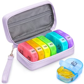 AUVON Pink PU Leather Bag Pill Boxes 7 Day 2 Times a Day, Large AM/PM Pill Box Organiser with Portable Zipper Leather Bag for Holding Supplements, Vitamins and Fish Oils