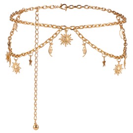 GEEHUA Double Layer Metal Chain Belt, Moon Star Waist Chain Fashion Link Belt Skinny Dress Waist Chain Belt For Women(Gold)