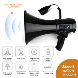 Loudmore Professional 50 Watt Megaphone Bullhorn with Detachable Microphone, USB/SD/MMC Reader, AUX Input, Recording and Siren - Perfect for Indoor/Outdoor Sporting Events and Crowd Control (Black)