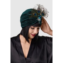 BABEYOND Ruffle Turban Hat for Women Feather Turban Hat with Detachable Crystal Brooch Headwraps Knit Pleated Turban Hat Vintage (DarkGreen)