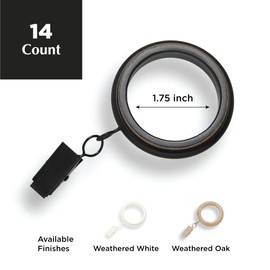 MODE Farmhouse Collection Beveled Curtain Clip Rings, Set of 14 Curtain Rings with Clips, Fits MODE Farmhouse Curtain Rod Sets, 1 3/4”, Weathered Black