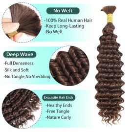28 Inch Brown Deep Wave Bulk Braiding Hair for Boho Braids No Weft 3 Bundles 150g Deep Wave Human Hair for Braiding Color #4