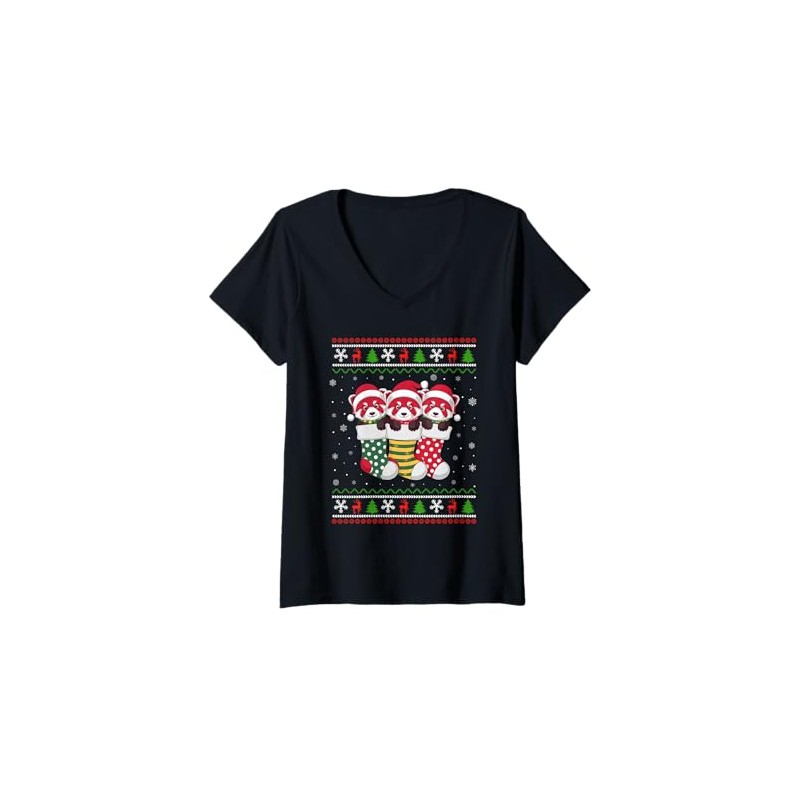 Womens Ugly Xmas Sweater Red Panda In Christmas Socks V-Neck