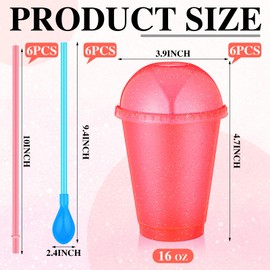 Ninehaoou 6 Set Slushie Cups with Dome Lids and Straws Detachable Spoon Straws Reusable Plastic Iced Coffee Cups Smoothie Tumbler for Birthdays Summer Party Supplies(Pink,16 oz)