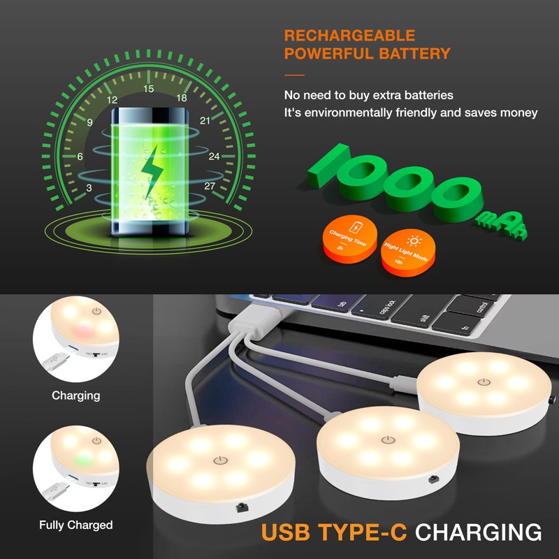 MEKKLEON Puck Lights with Remote Control,1000mAh Rechargeable Under Cabinet Lighting,3Pack