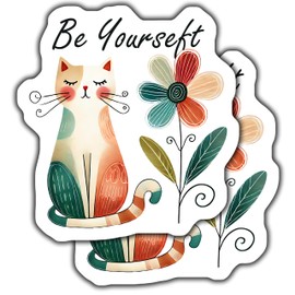 Be Yourself Cat Sticker - Whimsical Floral Design Inspirational Stickers Motivational Decal Cute Art 5-inch 2-Pack CCSTICKER01523