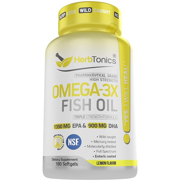 High Strength Omega 3 Fish Oil Supplement 3750MG (HIGH EPA 1350MG + DHA 900MG) Fish Oil Omega 3 Pills Triple Strength Burpless Wild Caught Fish Oil Capsules Heart Health Joint Support (180)