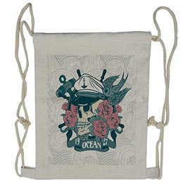 Lunarable Nautical Drawstring Backpack, Marine Skull with Roses, Sackpack Bag