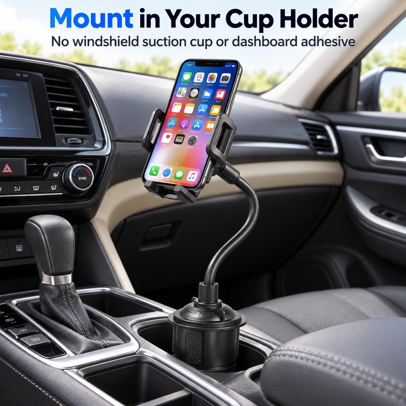 Car Cup Holder Phone Mount – Adjustable Base, Flexible Gooseneck